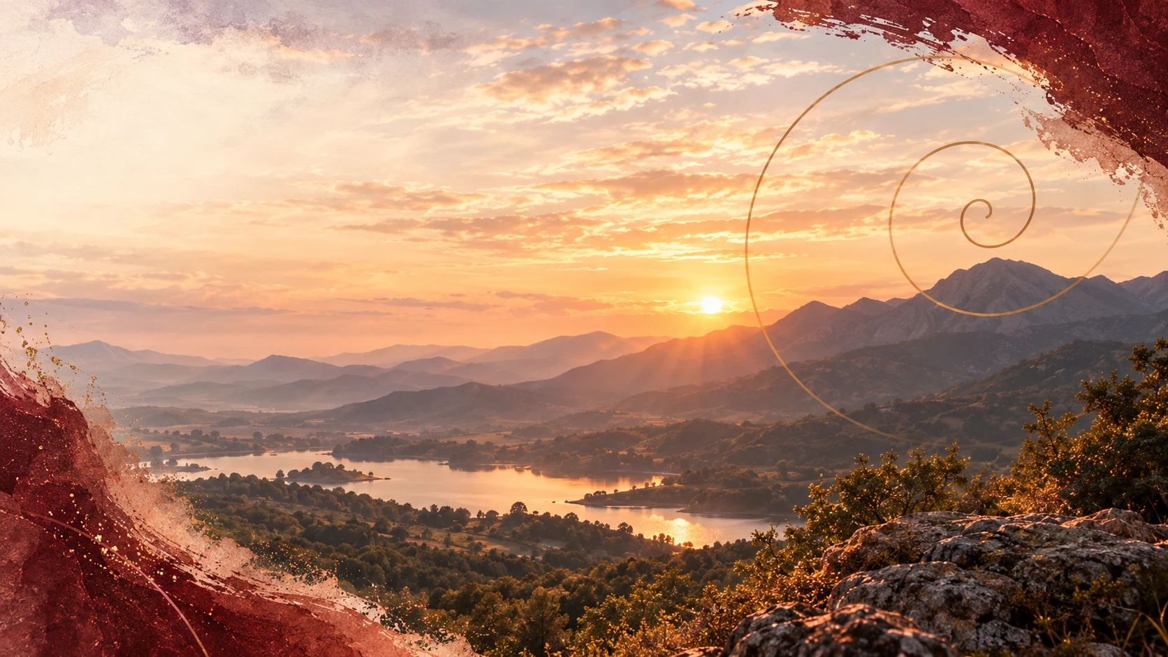 Paisaje al atardecer sobre un valle y un lago